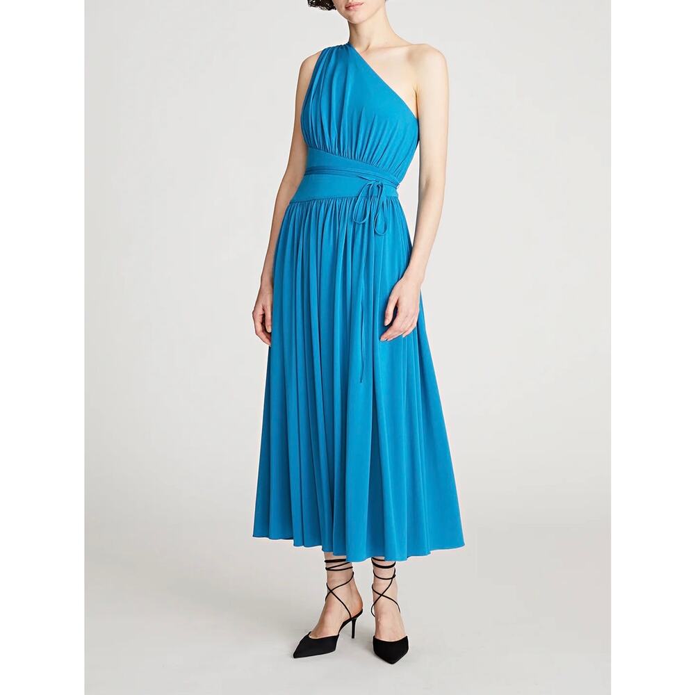 NWT Halston Peacock Blue Idalia One Shoulder Stretch Jersey Midi Dress Size 10
